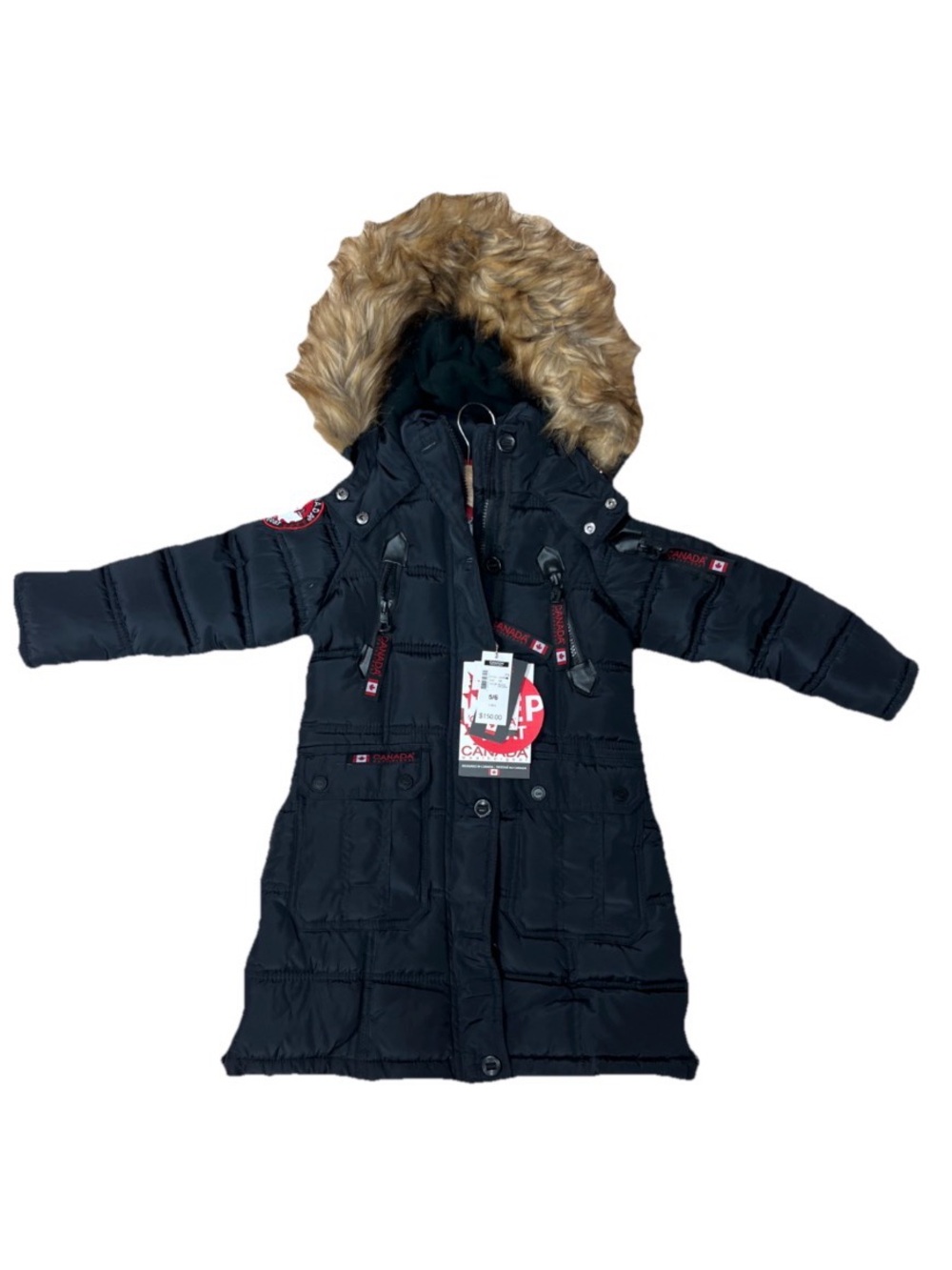 Kids Black Puffer Down Parka with Faux Fur Hood Canada Weather Gear